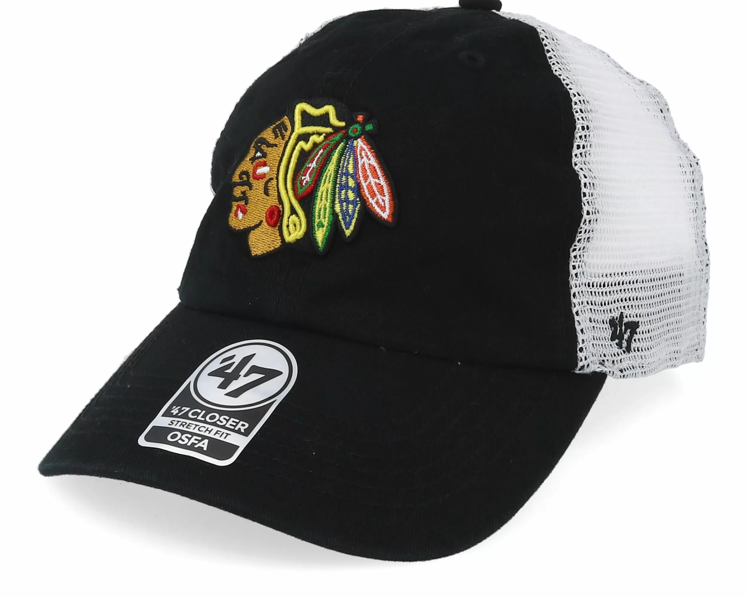 47 Brand Chicago Blackhawks Blue Hill 47 Closer Mesh Black/White Unconstructed - -Unisex Dad Cap