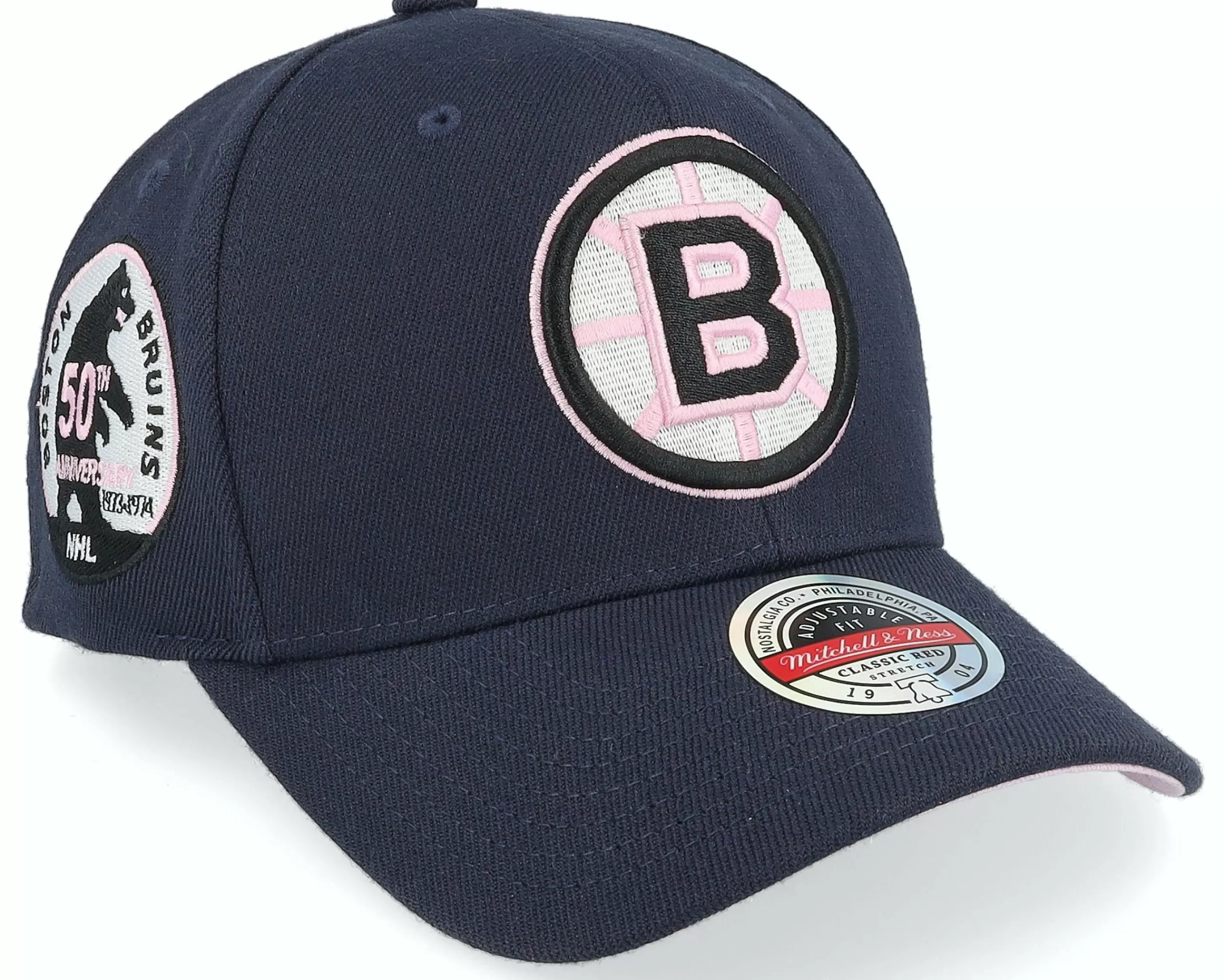 Mitchell & Ness Hatstore Exclusive X Boston Bruins 50Th Anniversary Patch Navy/Pink Adjustable - -Unisex Adjustable