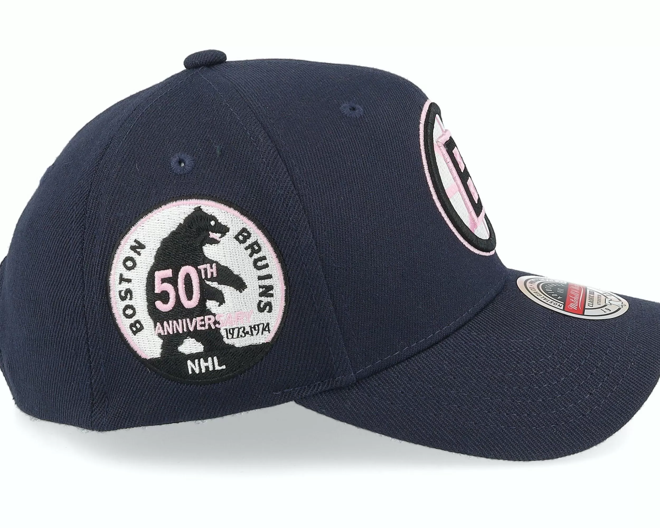 Mitchell & Ness Hatstore Exclusive X Boston Bruins 50Th Anniversary Patch Navy/Pink Adjustable - -Unisex Adjustable