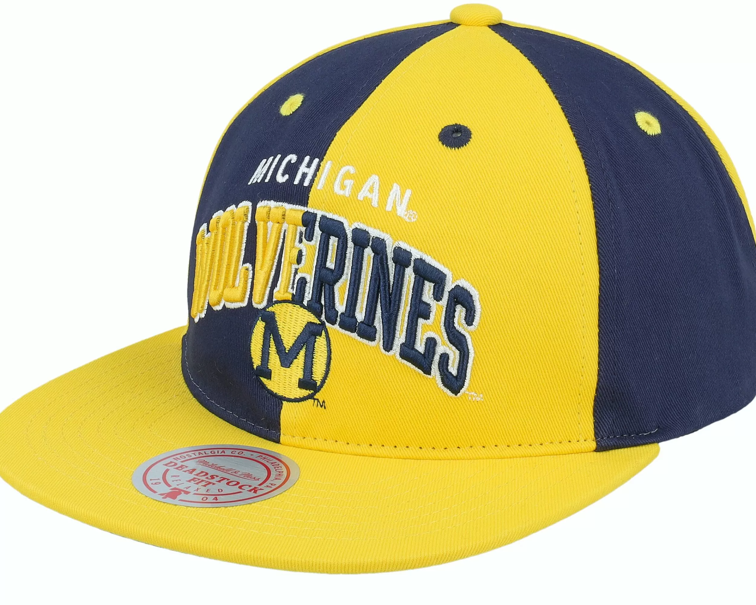 Mitchell & Ness Michigan Wolverines Pinwheel Of Fortune Yellow/Navy Snapback - -Unisex Snapback