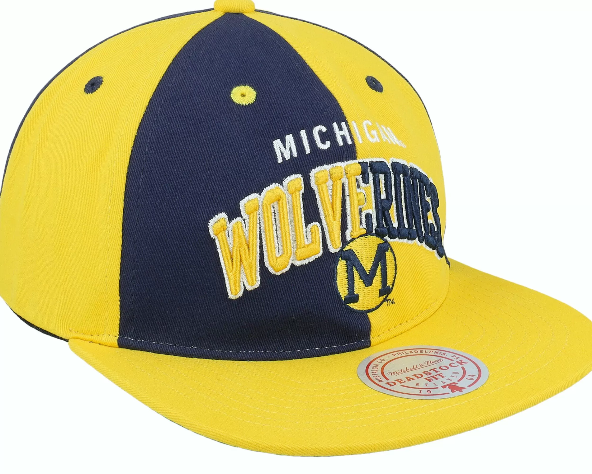 Mitchell & Ness Michigan Wolverines Pinwheel Of Fortune Yellow/Navy Snapback - -Unisex Snapback